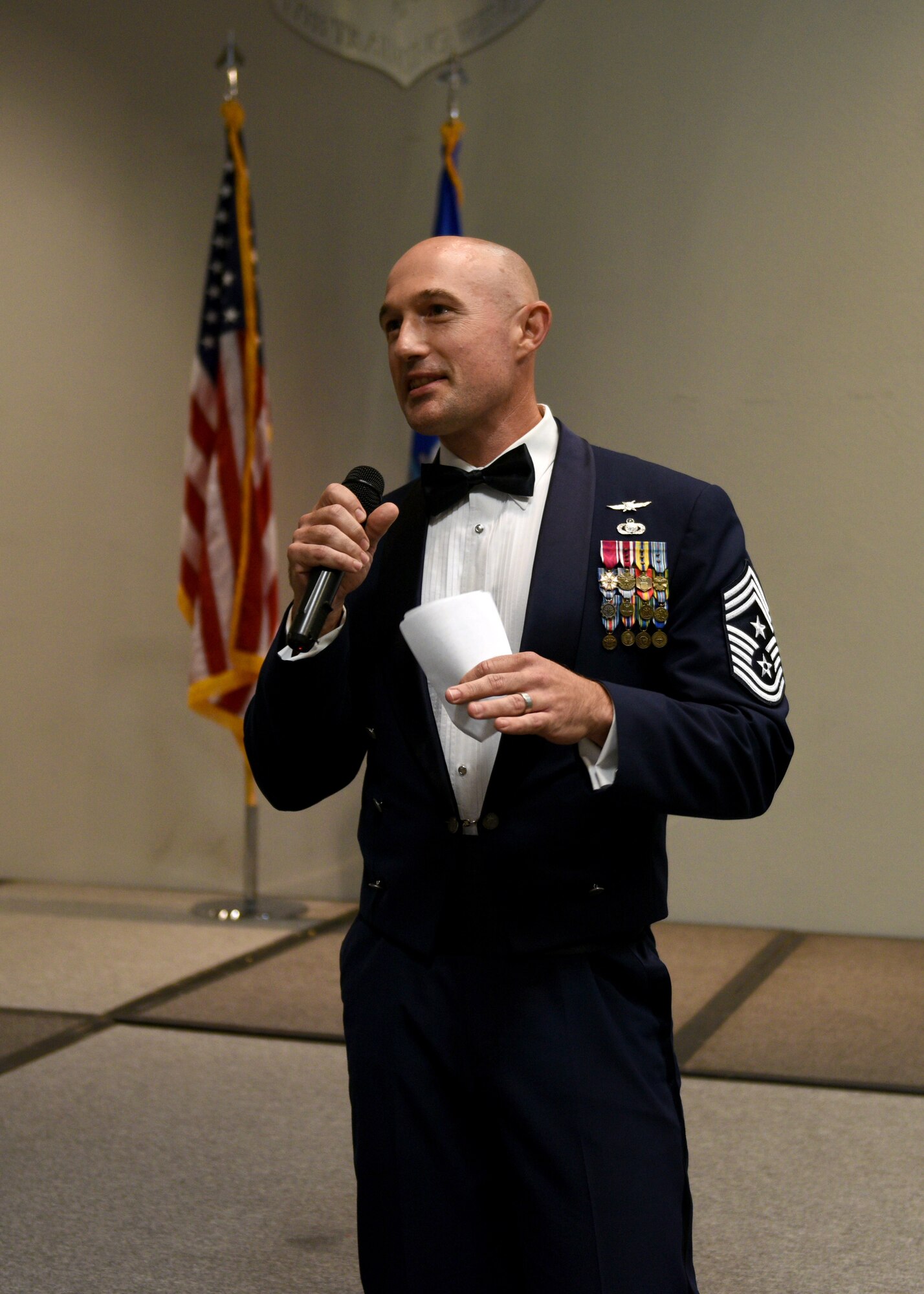U.S. Air Force Chief Master Sgt. Stefan Blazier, 37th Training Wing command chief, speaks during the Senior Noncommissioned Officer Induction Ceremony at the event center on Goodfellow Air Force Base, Texas, August 16, 2019. Blazier was previously the instructor supervisor for the 315th Training Squadron. (U.S. Air Force photo by Airman 1st Class Robyn Hunsinger/Released)