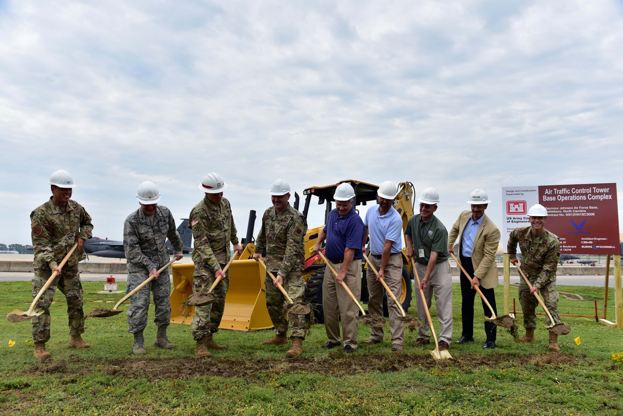 4th Fighter Wing leadership, a United States Army Corps of Engineering representative and members of the community complete the ceremonial groundbreaking during the 4FW Air Traffic Control Tower and Base Operations Complex groundbreaking ceremony Aug. 15, 2019, at Seymour Johnson Air Force Base, North Carolina.
