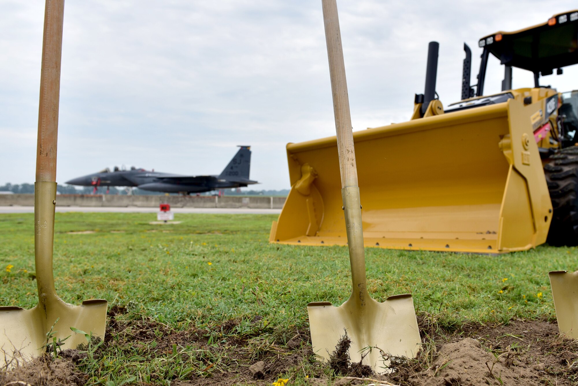 Shovels used for the ceremonial groundbreaking stationed in the ground during the 4th Fighter Wing Air Traffic Control Tower and Base Operations Complex groundbreaking ceremony Aug. 15, 2019, at Seymour Johnson Air Force Base, North Carolina.