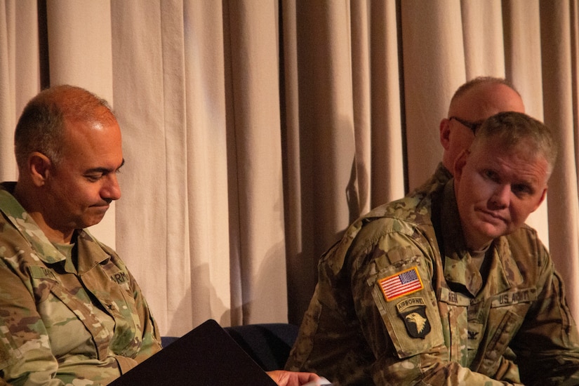 Col Green and Col Takmili participate in the 300th Military Intelligence Brigade Change of Command Ceremony,  August 10, 2019 at the Draper Utah National Guard Headquarters Building (U.S. Army Photo By Sgt. Nathan J. Baker)
