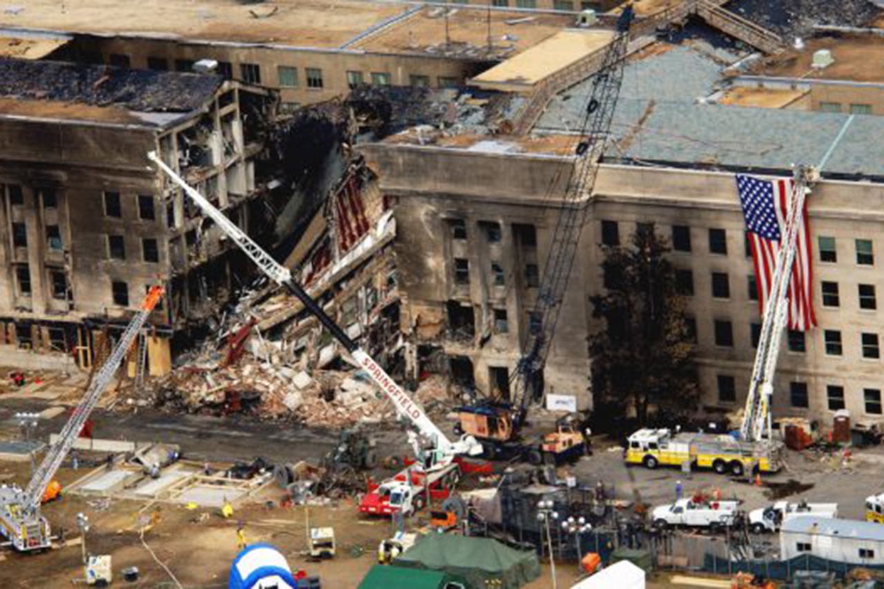 An aerial view of the Pentagon's damaged wall.