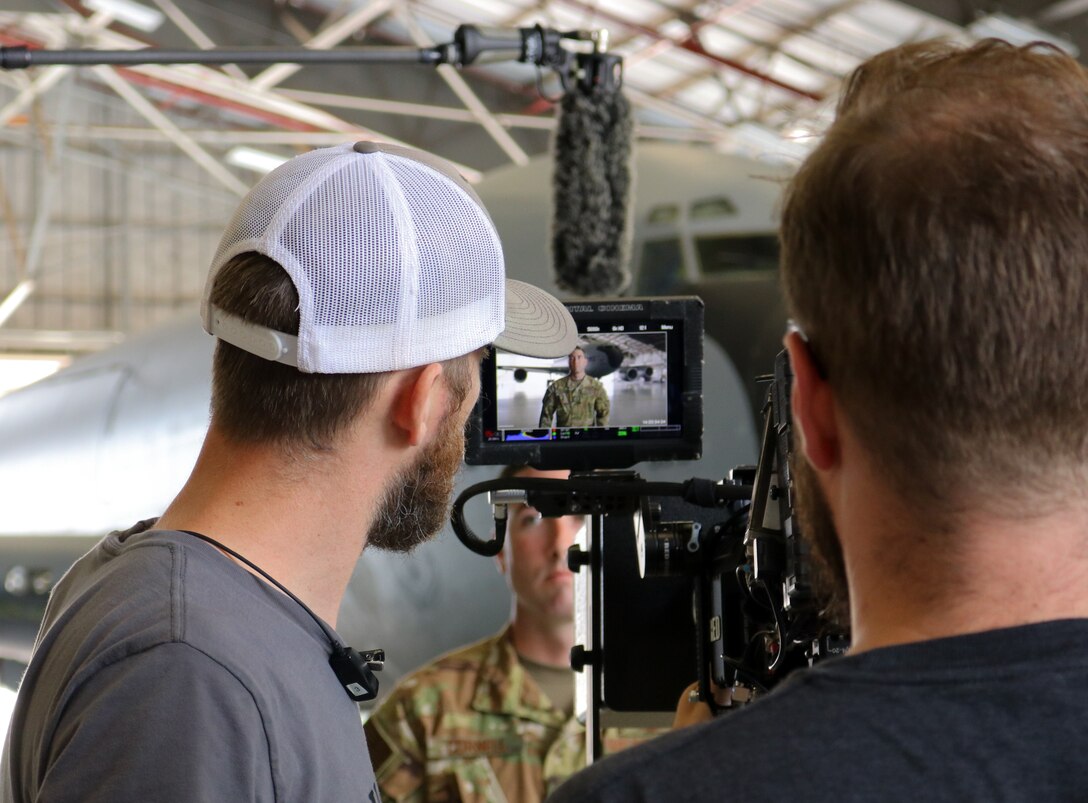 Air Force Recruiting Service films Master Sgt. Ryan Cornell, 465th Air Refueling Squadron boom operator, to highlight enlisted aircrew career fields, Aug. 13, 2019, at Tinker Air Force Base, Oklahoma. (U.S. Air Force photo by Senior Airman Mary Begy)
