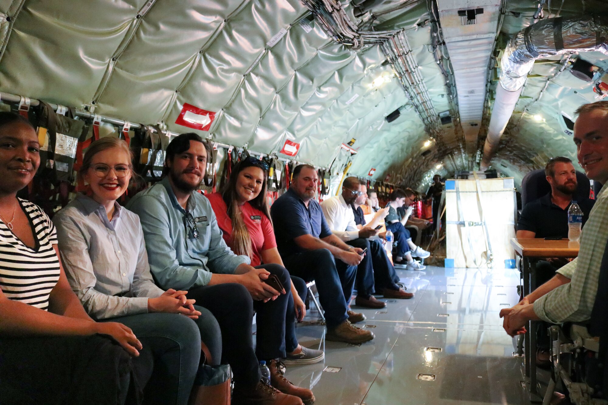 Congressmen and their staff join a 507th Air Refueling Wing flight crew on a KC-135R Stratotanker for an orientation flight Aug. 15, 2019, at Tinker Air Force Base, Oklahoma. The Okies shared the Reserve mission and a unique experience with the congressional delegation. (U.S. Air Force photo by Senior Airman Mary Begy)
