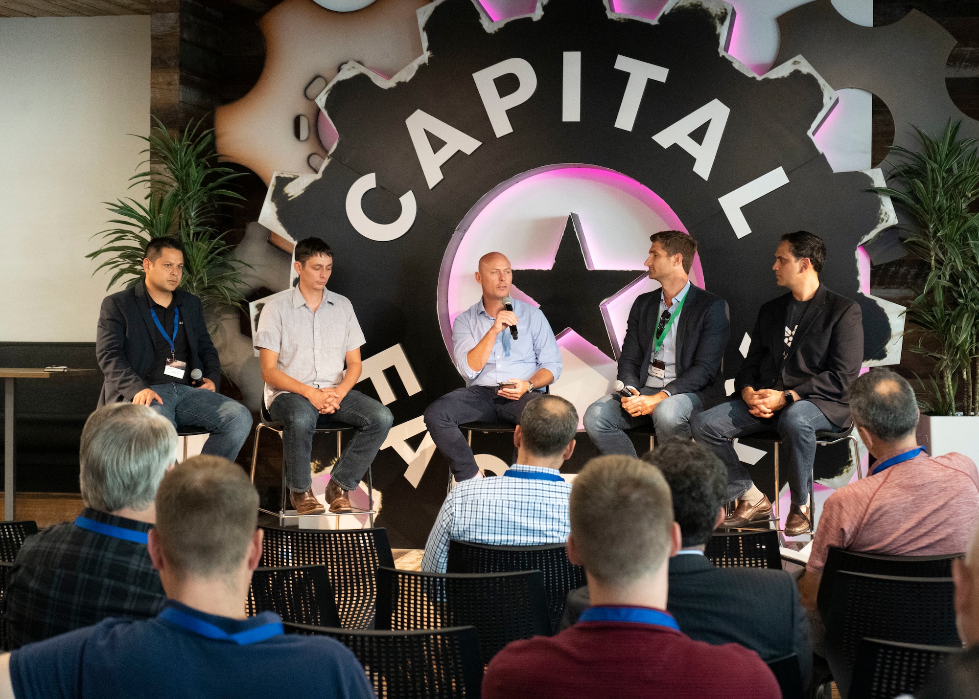 Kevin Landtroop, Capital Factory venture partner, speaks on a panel about the symbiosis between startups, government, and venture capital during the first-ever Spark Collider at the AFWERX Austin Hub Aug 14, 2019. The event connected approximately 100 Phase I Small Business Innovation Research companies and Airmen from about 50 bases to potentially solve Air Force problem areas. (U.S. Air Force photo by Staff Sgt. Jordyn Fetter)