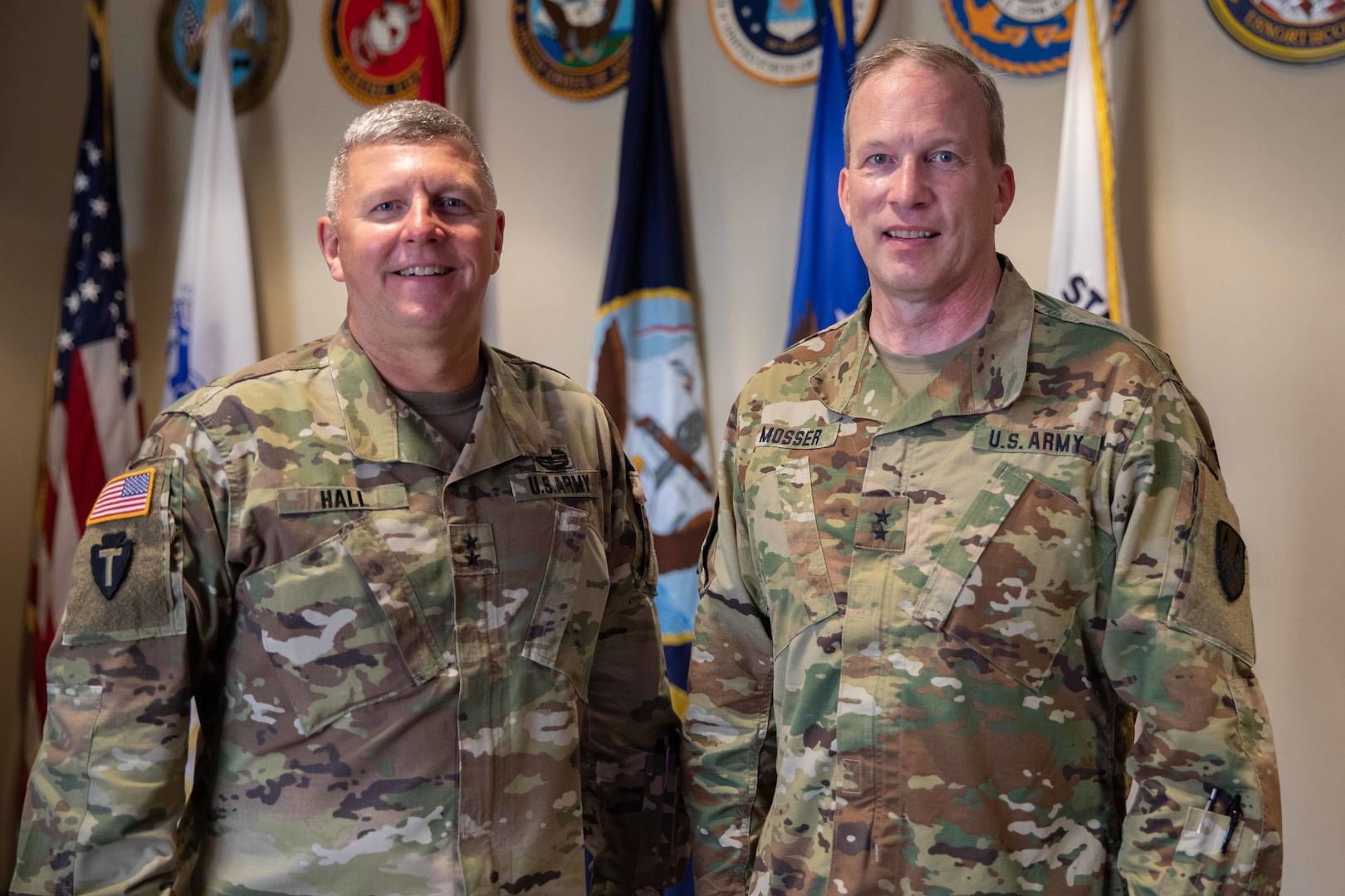 Army Maj. Gen. Greg Mosser, commanding general of the 377th Theater Sustainment Command, poses with Joint Task Force Civil Support (JTF-CS) Commanding General Army Maj. Gen. William “Bill” Hall during a recent visit to JTF-CS’s headquarters.