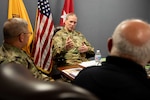 Army Maj. Gen. Greg Mosser, commanding general of the 377th Theater Sustainment Command, meets with Joint Task Force Civil Support (JTF-CS) Commanding General Army Maj. Gen. William “Bill” Hall and other department heads from the command during a recent visit to JTF-CS’s headquarters.