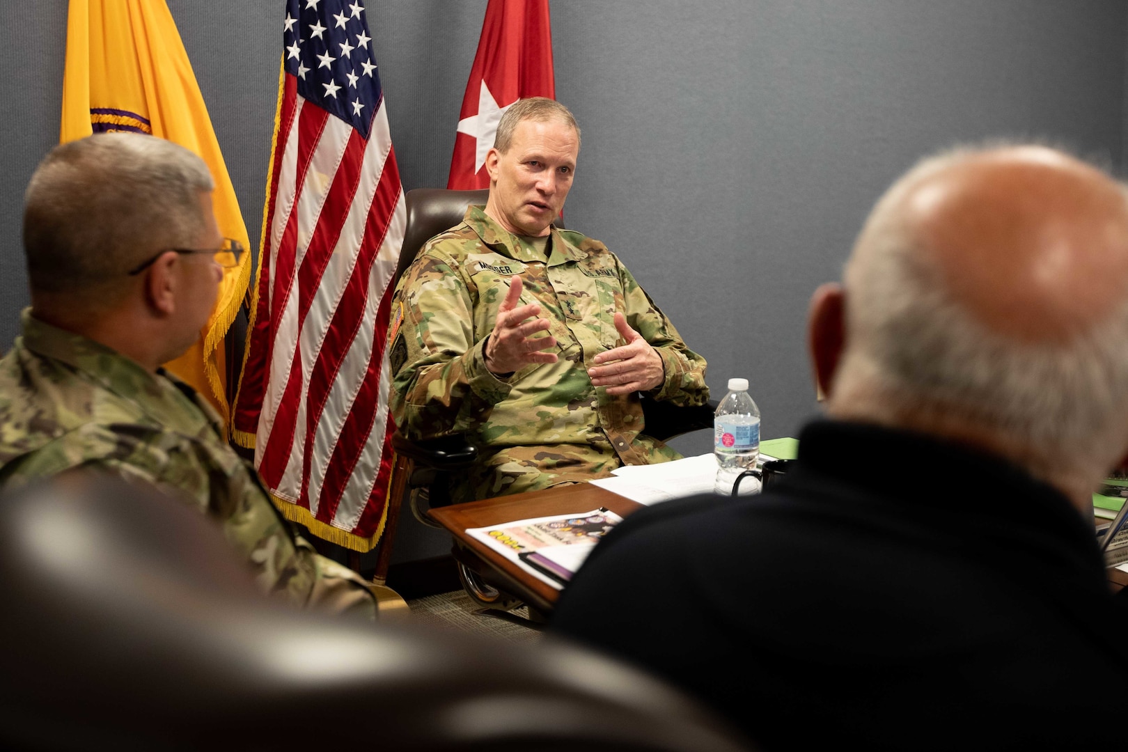 Army Maj. Gen. Greg Mosser, commanding general of the 377th Theater Sustainment Command, meets with Joint Task Force Civil Support (JTF-CS) Commanding General Army Maj. Gen. William “Bill” Hall and other department heads from the command during a recent visit to JTF-CS’s headquarters.