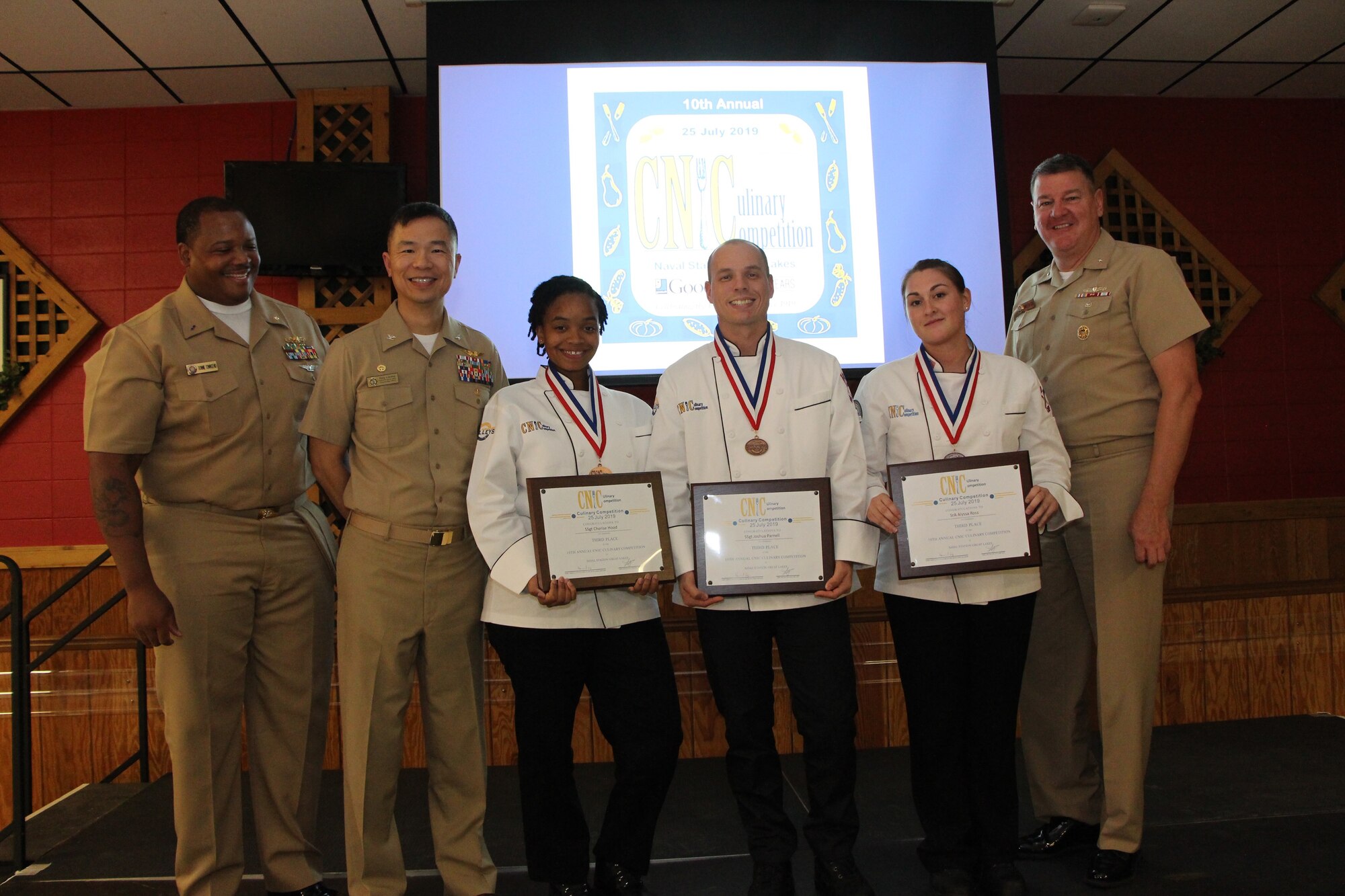 Staff Sgt. Cherise Hood (left), Staff Sgt. Joshua Parnell (middle) and Senior Airman Alyssa Ross (right), assigned to the 36th Force Support Squadron, represented Joint Region Marianas at the Tenth Annual Commander, Navy Installations Command (CNIC) Culinary Competition July 25, 2019 at Naval Station Great Lakes, Ill.