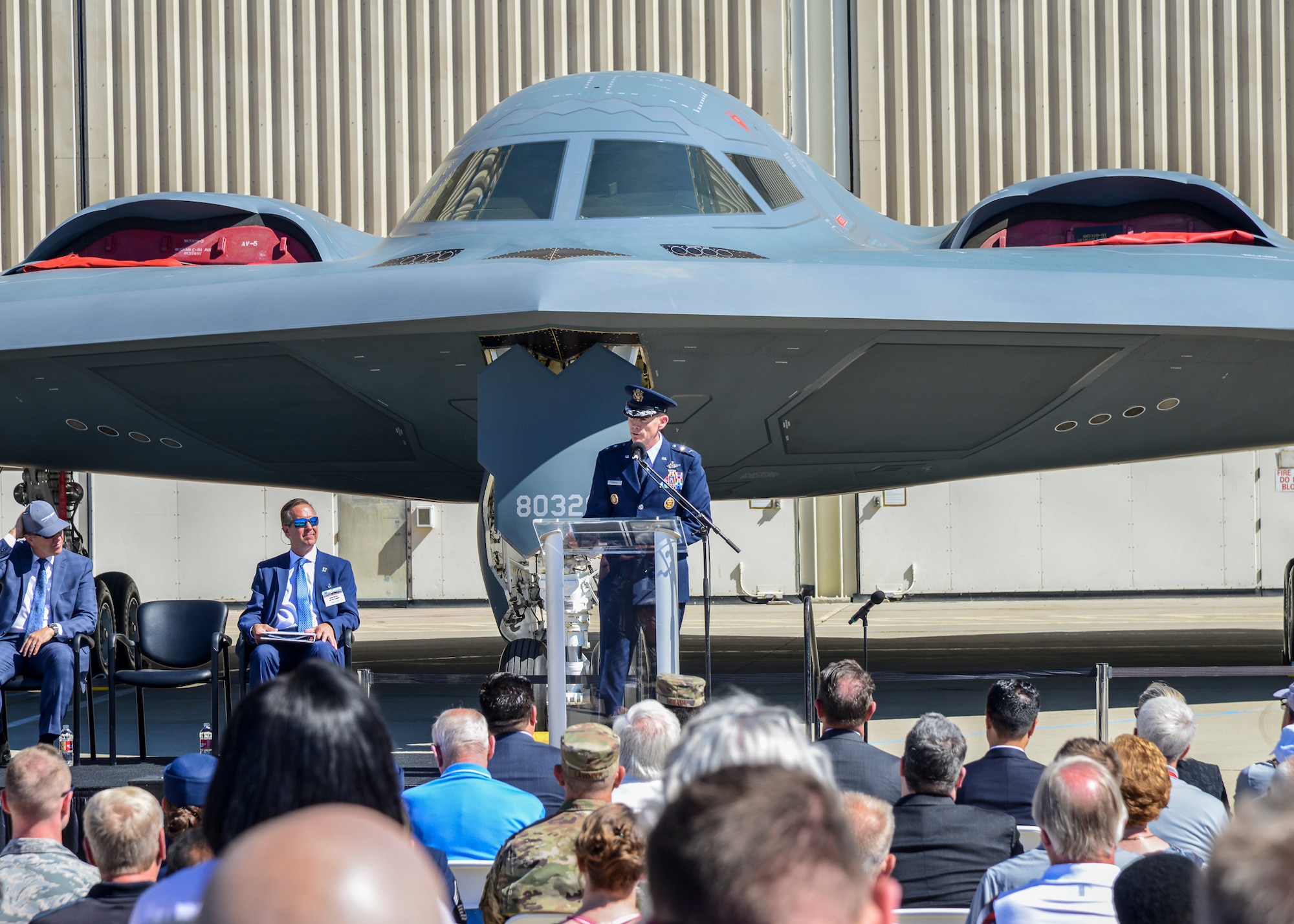 Maj. Gen. James Dawkins, 8th Air Force and Joint-Global Strike Operations commander, addresses local government officials, Airmen and Northrop Grumman employees during the B-2 Spirit's 30th anniversary celebration at Plant 42 in Palmdale, California, Aug. 20. Dawkins flew a B-2 Spirit nicknamed "The Spirit of Pennsylvania" into combat bombing missions during Operation Enduring Freedom. (U.S. Air Force photo by Giancarlo Casem)