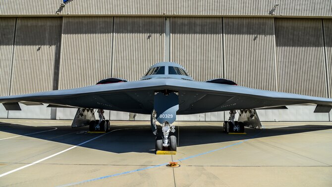 A B-2 Spirit is displayed in front of a hangar at Plant 42 in Palmdale, California, Aug. 20. The plane was on display in support of the B-2 Spirit's 30th anniversary celebration. (U.S. Air Force photo by Giancarlo Casem)