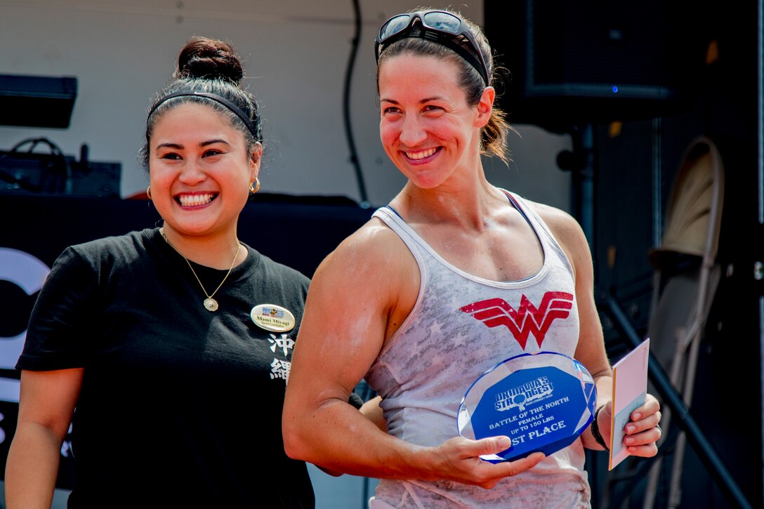 U.S. Navy Lt. Kimberly Pistell with Marine Wing Support Squadron 172 competed and won first place in the female weight class up to 150 pounds in Okinawa's Strongest: Battle of the North, Aug. 18, 2019, Camp Hansen, Okinawa, Japan. The competition challenges men and women to compete in physically demanding events to find the strongest on the island.