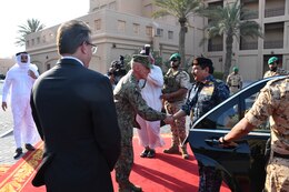 190818-N-KZ419-1018 MANAMA, Bahrain (Aug 19, 2019) His Majesty, King Hamad bin Isa Al Khalifa, the King of the Kingdom of Bahrain, is greeted by Vice Adm. James Malloy, Naval Forces Central Command (NAVCENT) and U.S. Ambassador to the Kingdom of Bahrain, the honorable Justin Siberell, during a visit to discuss operations in the U.S. 5th Fleet area of operations. The King was accompanied by two of his sons, His Highness Maj. Gen. Shaikh Nasser bin Hamad Al-Khalifa, commander of the Bahraini Royal Guard, and His Highness Lt. Col. Shaikh Khaled bin Hamad Al Khalifa, commander of the Bahraini Royal Guard Rapid Intervention Force along with other top Bahraini military leaders. Bahrain has been a partner with the United States in regional maritime security for more than 70 years. (U.S. Navy photo by Mass Communication Specialist 3rd Class Dawson Roth/Released)