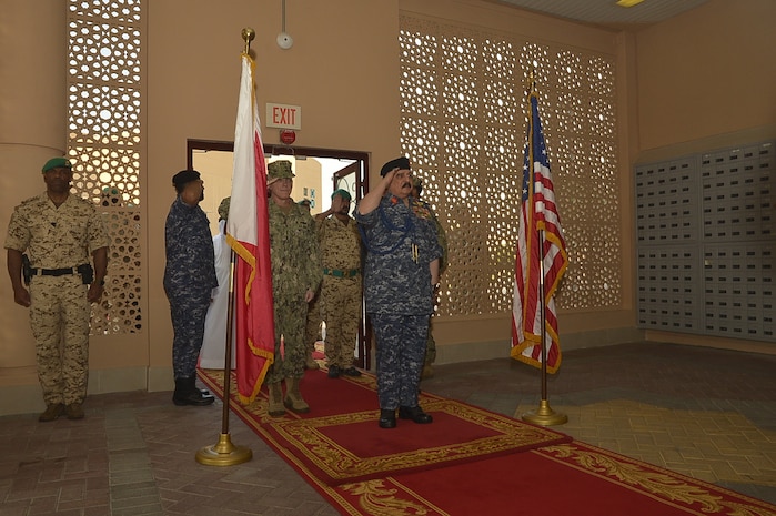 190818-N-IO414-1028 MANAMA, Bahrain (Aug 19, 2019) His Majesty, King Hamad bin Isa Al Khalifa, the King of the Kingdom of Bahrain, and Vice Adm. James Malloy, Naval Forces Central Command (NAVCENT) enters U.S. Naval Forces Central Command headquarters, during a visit to discuss operations in the U.S. 5th Fleet area of operations. The King was accompanied by two of his sons, His Highness Maj. Gen. Shaikh Nasser bin Hamad Al-Khalifa, commander of the Bahraini Royal Guard, and His Highness Lt. Col. Shaikh Khaled bin Hamad Al Khalifa, commander of the Bahraini Royal Guard Rapid Intervention Force along with other top Bahraini military leaders. Bahrain has been a partner with the United States in regional maritime security for more than 70 years. (U.S. Navy photo by Mass Communication Specialist 2nd Class Jordan Crouch/Released)