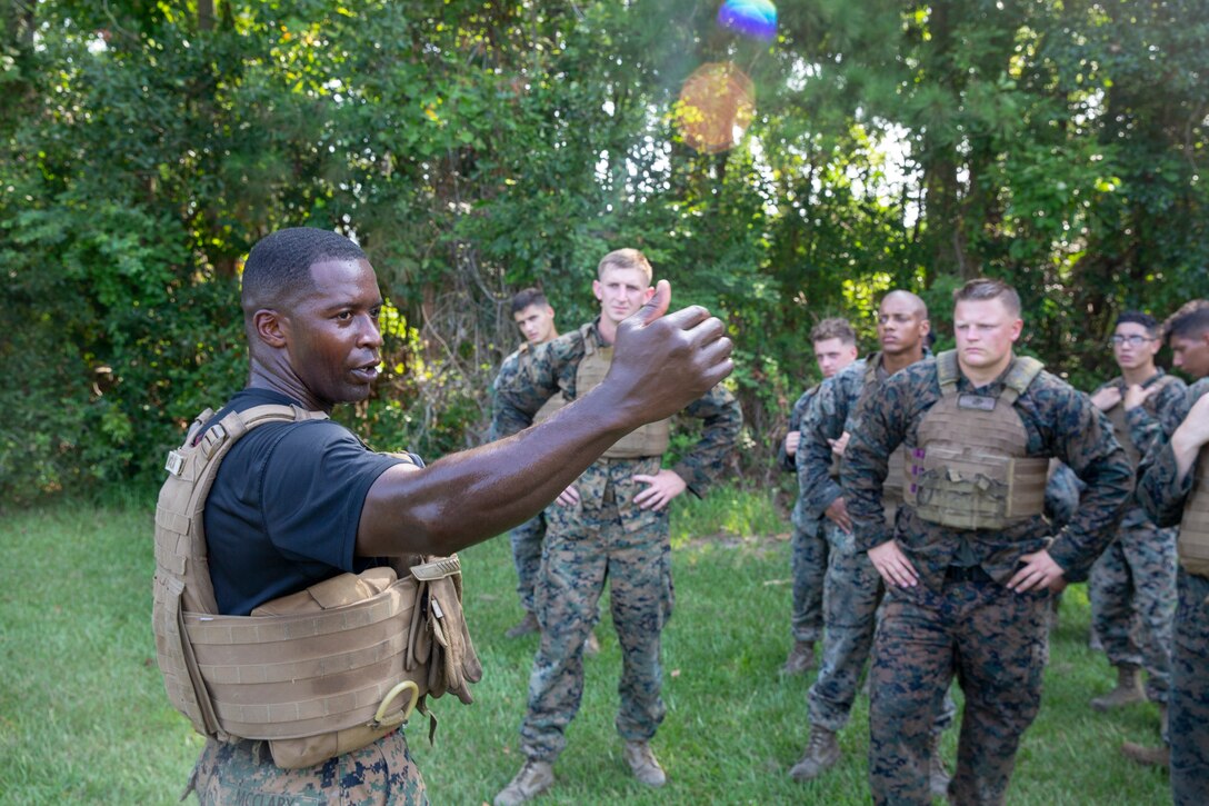 U.S. Marine Corps 1st Sgt. Marion McClary, a Martial Arts Instructor trainer with 1st Battalion, 10th Marine Regiment Battery C, 2nd Marine Division, gives students of a Martial Arts Instructor Course a brief on obstacle course safety at Camp Lejeune, N.C., Aug. 14, 2019. This three-week long course trains Marines to become Marine Corps Martial Arts Instructors. (U.S. Marine Corps photo by Cpl. Caleb T. Maher)