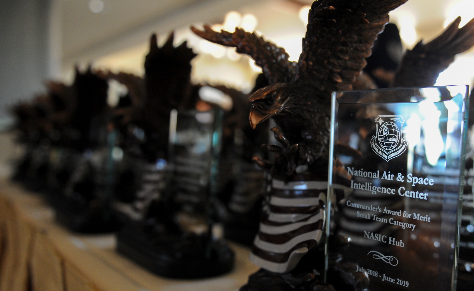 A convocation of bronze eagles flank the stage at the National Air and Space Intelligence Center’s annual Commander’s Award for Merit ceremony.  This year’s banquet was held Aug. 2 at the Wright-Patterson Club at Wright-Patterson Air Force Base, Ohio. The CAM awards have been around since 1974 and recognize NASIC’s top performers.