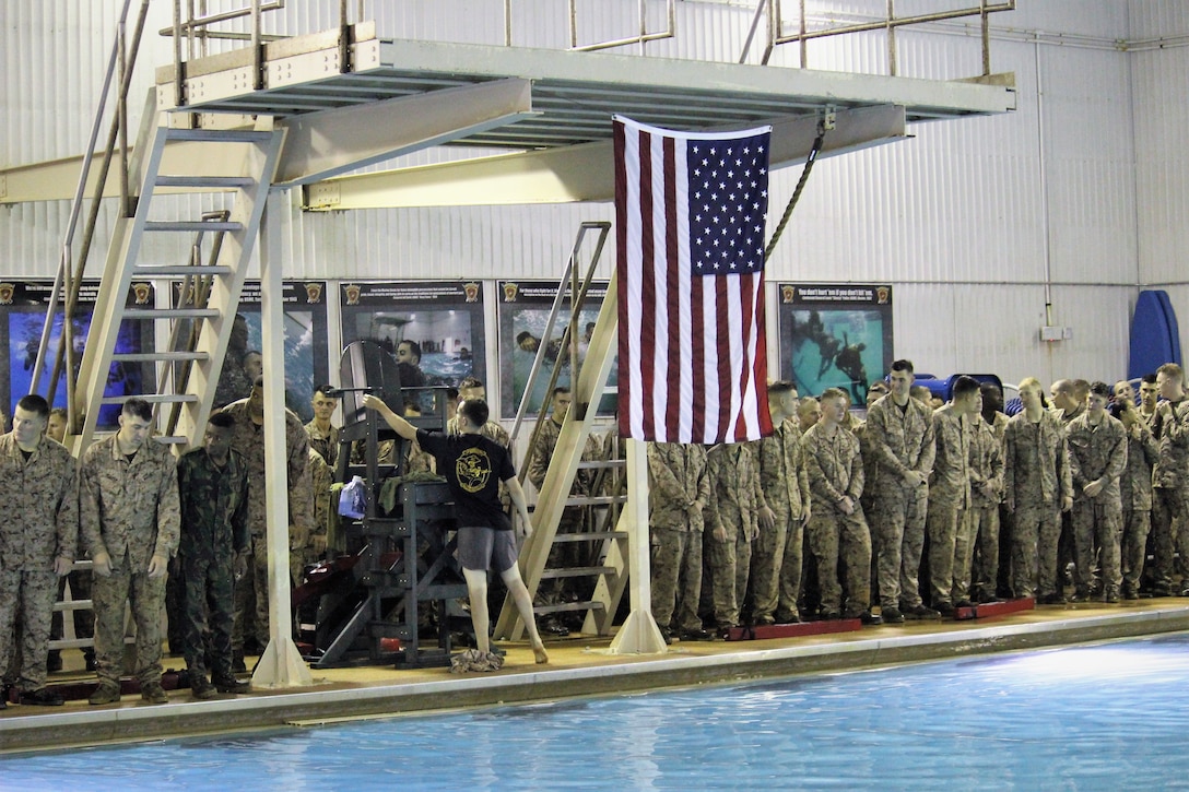 Students must pass the beginner swim qualification as a part of their period of instruction at The Basic School at Marine Corps Base Quantico, Va., May 31 2019. (U.S. Marine Corps photo by 2ndLt. Ben Underwood).