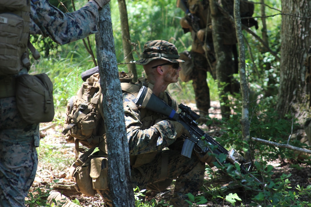 Students at The Basic School conduct force on force training throughout the course of the period of instruction at Marine Corps Base Quantico, Va., July 16 2019. (U.S. Marine Corps photo by 2ndLt. Thomas Braga-henebry)