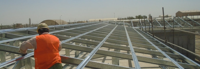 Roof framing is underway on the Life Support Area at the Aviation Enhancement Project in Kandahar.