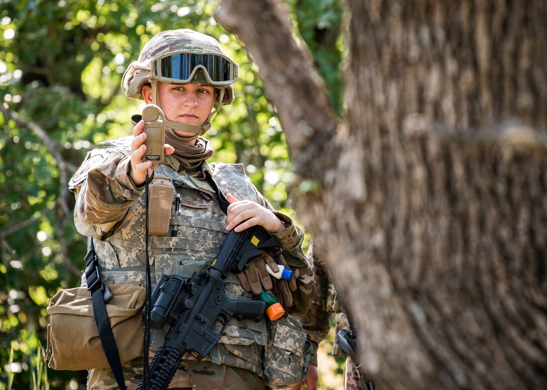 Airman Brooke Brown, 3d Weather Squadron weather forecaster, reads a kestrel meter during a certification field exercise (CFX), July 31, 2019, at Camp Bowie Training Center, Texas. The CFX was designed to evaluate the squadron’s overall tactical ability and readiness to provide the U.S. Army with full spectrum environmental support to the Joint Task Force (JTF) fight. The CFX immersed Airmen into all the aspects of what could come with a deployment such as Land Navigation. (U.S. Air Force photo by Airman 1st Class Eugene Oliver)