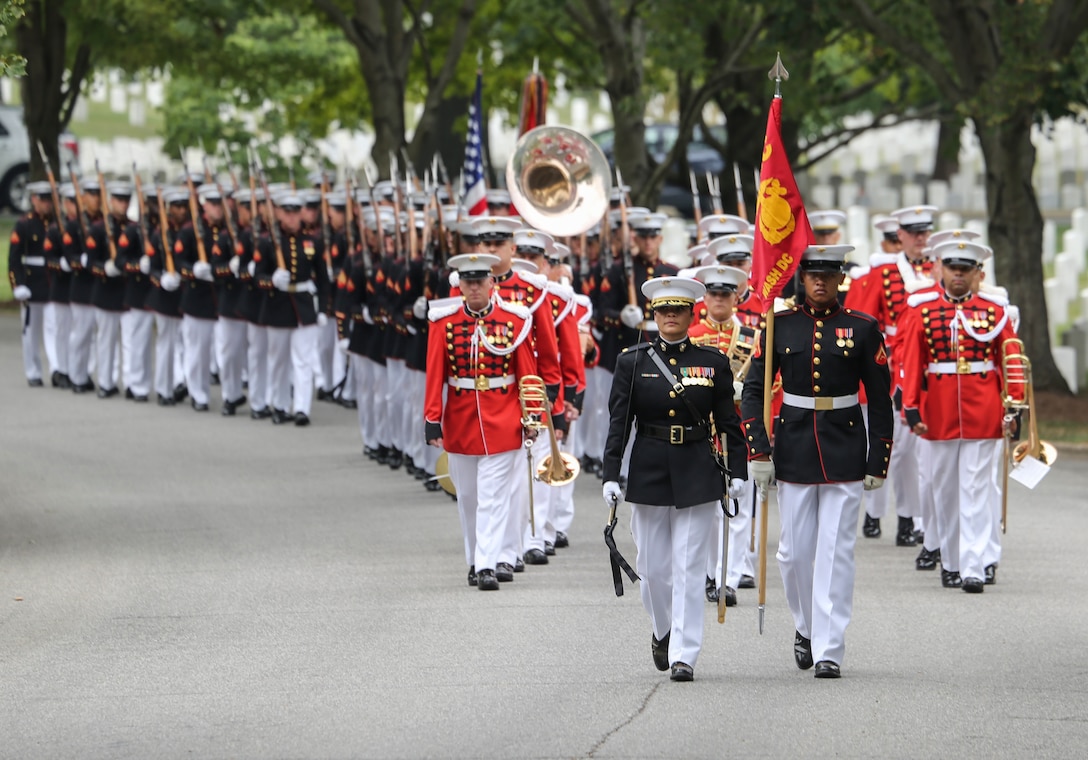 Marines with Marine Barracks Washington, D.C., march in formation during a full honors funeral for Maj. Matthew M. Wiegand at Arlington National Cemetery, Arlington, Virginia, Aug. 15, 2019. Wiegand, an Ambler, Pennsylvania native, commissioned as a second lieutenant in 2008 and served 11 faithful years as a pilot and flight instructor. Wiegand passed away on March 30, 2019 during a night training accident. (U.S. Marine Corps photo by Sgt. Robert Knapp/Released)