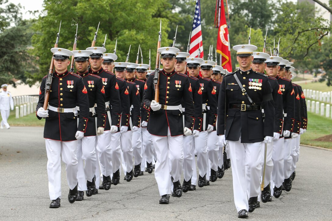 Marines with Marine Barracks Washington, D.C., march in formation during a full honors funeral for Maj. Matthew M. Wiegand at Arlington National Cemetery, Arlington, Virginia, Aug. 15, 2019. Wiegand, an Ambler, Pennsylvania native, commissioned as a second lieutenant in 2008 and served 11 faithful years as a pilot and flight instructor. Wiegand passed away on March 30, 2019 during a night training accident. (U.S. Marine Corps photo by Sgt. Robert Knapp/Released)