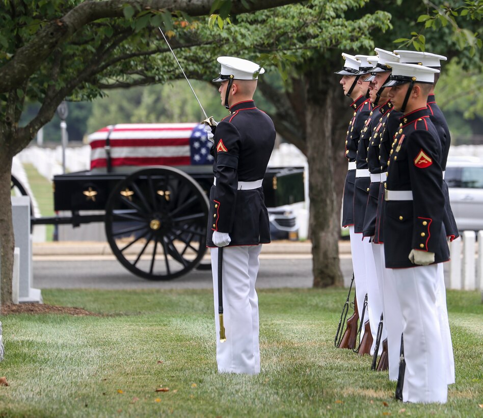 A firing party with Alpha Company, Marine Barracks Washington D.C., renders honors during a full honors funeral for Maj. Matthew M. Wiegand at Arlington National Cemetery, Arlington, Virginia, Aug. 15, 2019. Wiegand, an Ambler, Pennsylvania native, commissioned as a second lieutenant in 2008 and served 11 faithful years as a pilot and flight instructor. Wiegand passed away on March 30, 2019 during a night training accident. (U.S. Marine Corps photo by Sgt. Robert Knapp/Released)