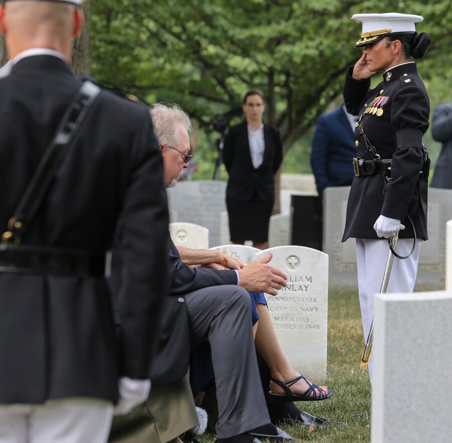 Major Evita Mosqueda, funeral commander, Marine Barracks Washington, D.C., renders a salute during a full honors funeral for Maj. Matthew M. Wiegand at Arlington National Cemetery, Arlington, Virginia, Aug. 15, 2019. Wiegand, an Ambler, Pennsylvania native, commissioned as a second lieutenant in 2008 and served 11 faithful years as a pilot and flight instructor. Wiegand passed away on March 30, 2019 during a night training accident. (U.S. Marine Corps photo by Sgt. Robert Knapp/Released)