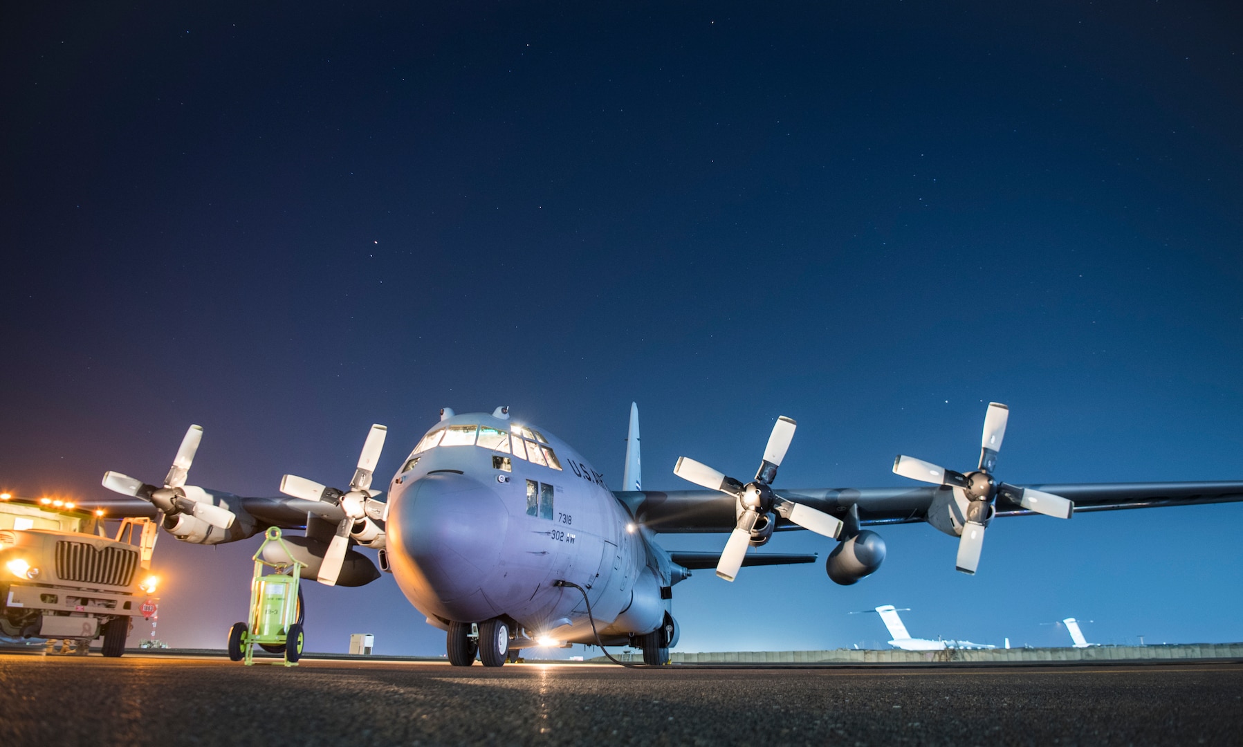 A U.S. Air Force C-130H Hercules assigned to the 746th Expeditionary Airlift Squadron receives fuel Nov. 6, 2018, at an undisclosed location. U.S. and Coalition aircraft provide unmatched combat capability in support of U.S. Central Command military objectives. (U.S. Air Force photo/Staff Sgt. Clayton Cupit)