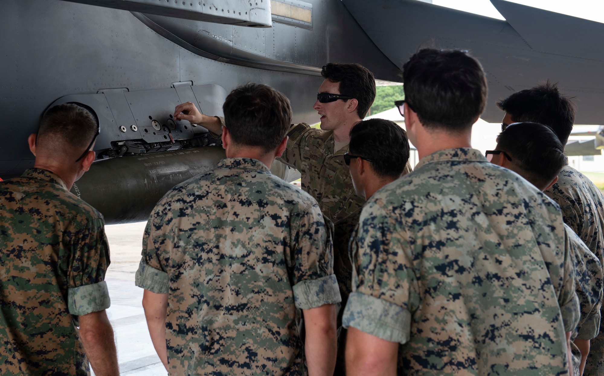 Senior Airman Kyle Heskett, 4th Civil Engineer Squadron explosive ordnance disposal technician, demonstrates how to disarm weapons on an F-15E Strike Eagle to U.S. Marines with EOD assigned to the 8th Engineer Support Battalion, 2nd Marine Logistics Group, August 14, 2019, at Seymour Johnson Air Force Base, North Carolina. The training and familiarization helped the Marines maintain their valuable skillsets as EOD personnel. (U.S. Air Force photo by Senior Airman Kenneth Boyton)
