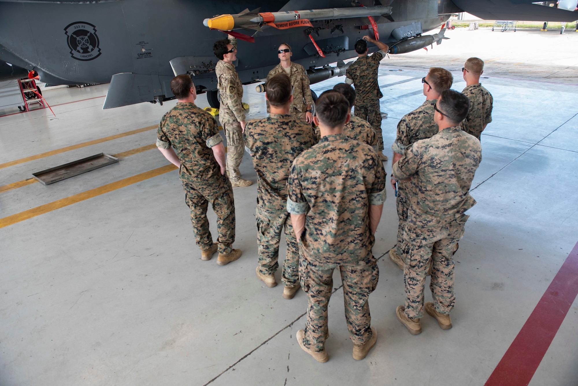 U.S. Marines with Explosive Ordnance Disposal assigned to the 8th Engineer Support Battalion, 2nd Marine Logistics Group, get refamiliarized with weaponry on an F-15E Strike Eagle, August 14, 2019, at Seymour Johnson Air Force Base, North Carolina. 4th Civil Engineer Squadron EOD technicians, helped instruct the familiarization training. (U.S. Air Force photo by Senior Airman Kenneth Boyton)