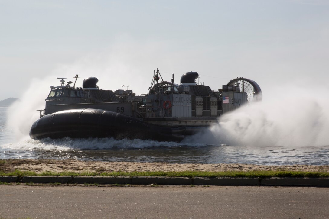 U.S. Navy landing craft, air cushion arrive with heavy equipment to be used for UNITAS LX on the Brazilian Marine Corps Base of Ilha do Governador, Brazil, Aug. 18, 2019. This equipment is used to aid in supporting humanitarian assistance and disaster relief scenarios. UNITAS is the world’s longest-running, annual exercise and brings together multinational forces from 11 countries to include Brazil, Colombia, Peru, Chile, Argentina, Ecuador, Panama, Paraguay, Mexico, Great Britain and the United States. The exercise focuses on strengthening the existing regional partnerships and encourages establishing new relationships through the exchange of maritime mission-focused knowledge and expertise during multinational training operations.