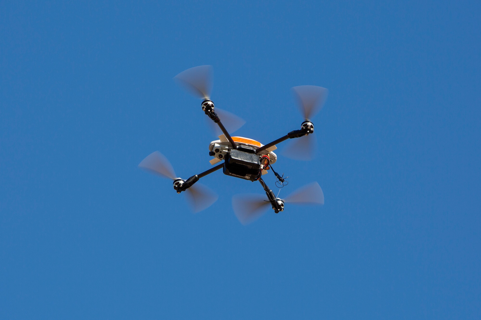 A U.S. Marine Corps Instant Eye drone system hovers during Small Unmanned Aircraft System (SUAS) training on Camp Lejeune, N.C., Feb. 5, 2019. The training provided Marines across the 2nd Marine Division an opportunity to conduct live flights, increase familiarity, and proficiency with SUAS. (U.S. Marine Corps photo by Cpl. Melanye Martinez)