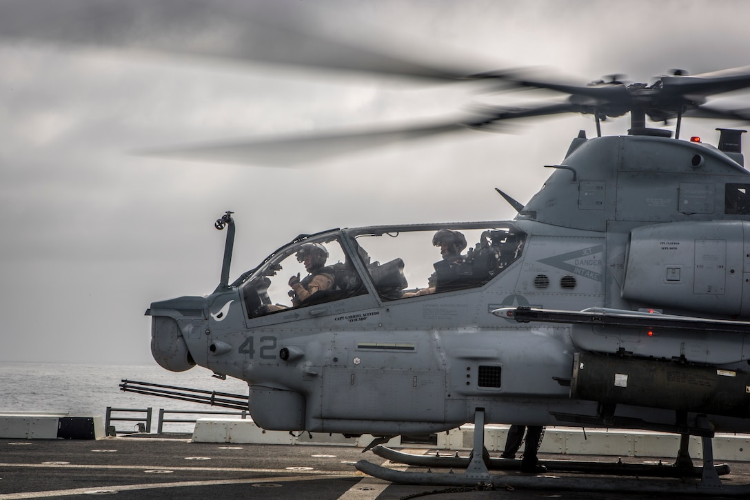 A AH-1Z Viper attached to Marine Medium Tiltrotor Squadron 163, 11th Marine Expeditionary Unit, sits on the flight deck of the amphibious transport dock ship USS John P. Murtha. The Boxer Amphibious Ready Group and 11th MEU are deployed to the U.S. 5th Fleet area of operations in support of naval operations to ensure maritime stability and security in the Central Region, connecting the Mediterranean and the Pacific through the Western Indian Ocean and three strategic choke points.