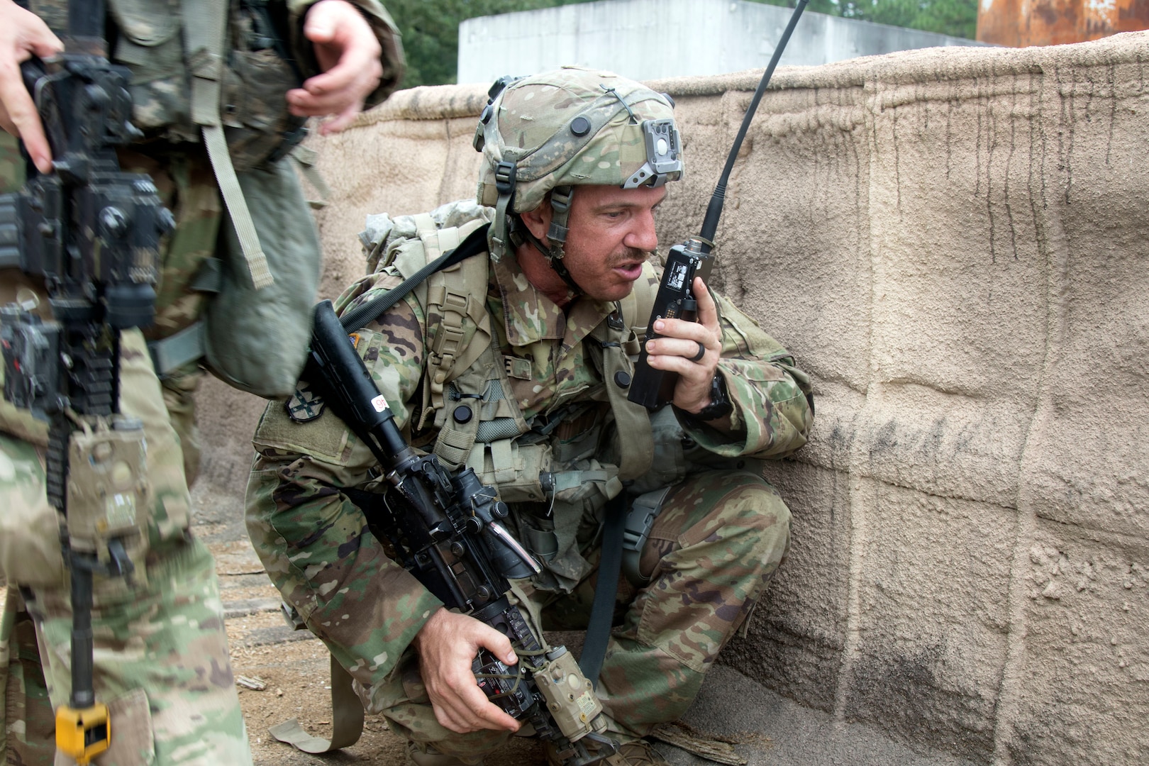 A Soldier with 1st Battalion, 124th Infantry, 53rd Infantry Brigade Combat Team, radios leadership during a three-day brigade-level field training exercise at Camp Shelby, Mississippi, Aug. 19, 2019.  The 53rd IBCT participated in eXportable Combat Training Capability program.