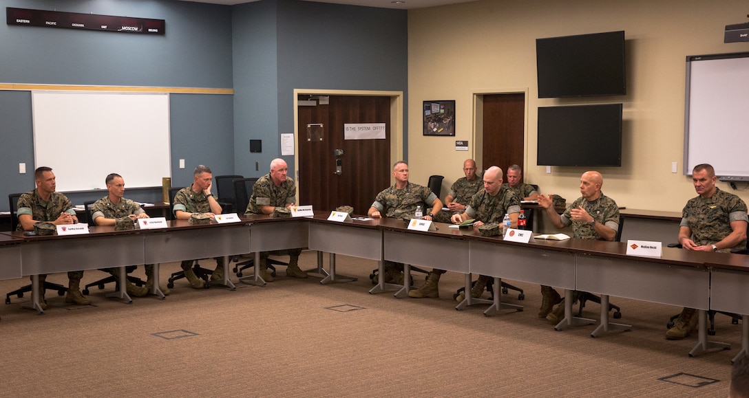 U.S. Marine Corps Commandant Gen. David Berger speaks with Marine Corps Air Station (MCAS) Cherry Point and 2nd Marine Aircraft Wing commanding officers and sergeants major during a meeting in the Battle Lab at Marine Air Support Squadron 1 at MCAS Cherry Point, North Carolina, July 31, 2019. Berger and Sgt. Maj. of the Marine Corps Troy Black sat down with leaders to discuss issues and topics of impact to Marine welfare and future of the air station. (U.S. Marine Corps photo by Cpl. Micha Pierce)