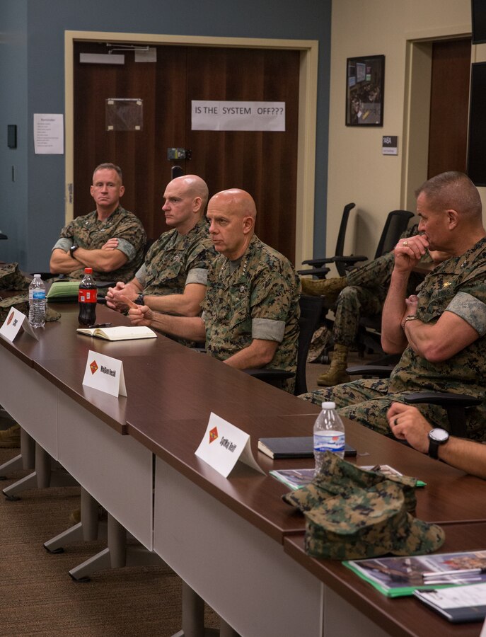 U.S. Marine Corps Commandant Gen. David Berger speaks with Marine Corps Air Station (MCAS) Cherry Point and 2nd Marine Aircraft Wing commanding officers and sergeants major during a meeting in the Battle Lab at Marine Air Support Squadron 1 at MCAS Cherry Point, North Carolina, July 31, 2019. Berger and Sgt. Maj. of the Marine Corps Troy Black sat down with leaders to discuss issues and topics of impact to Marine welfare and the future of the air station. (U.S. Marine Corps photo by Cpl. Micha Pierce)