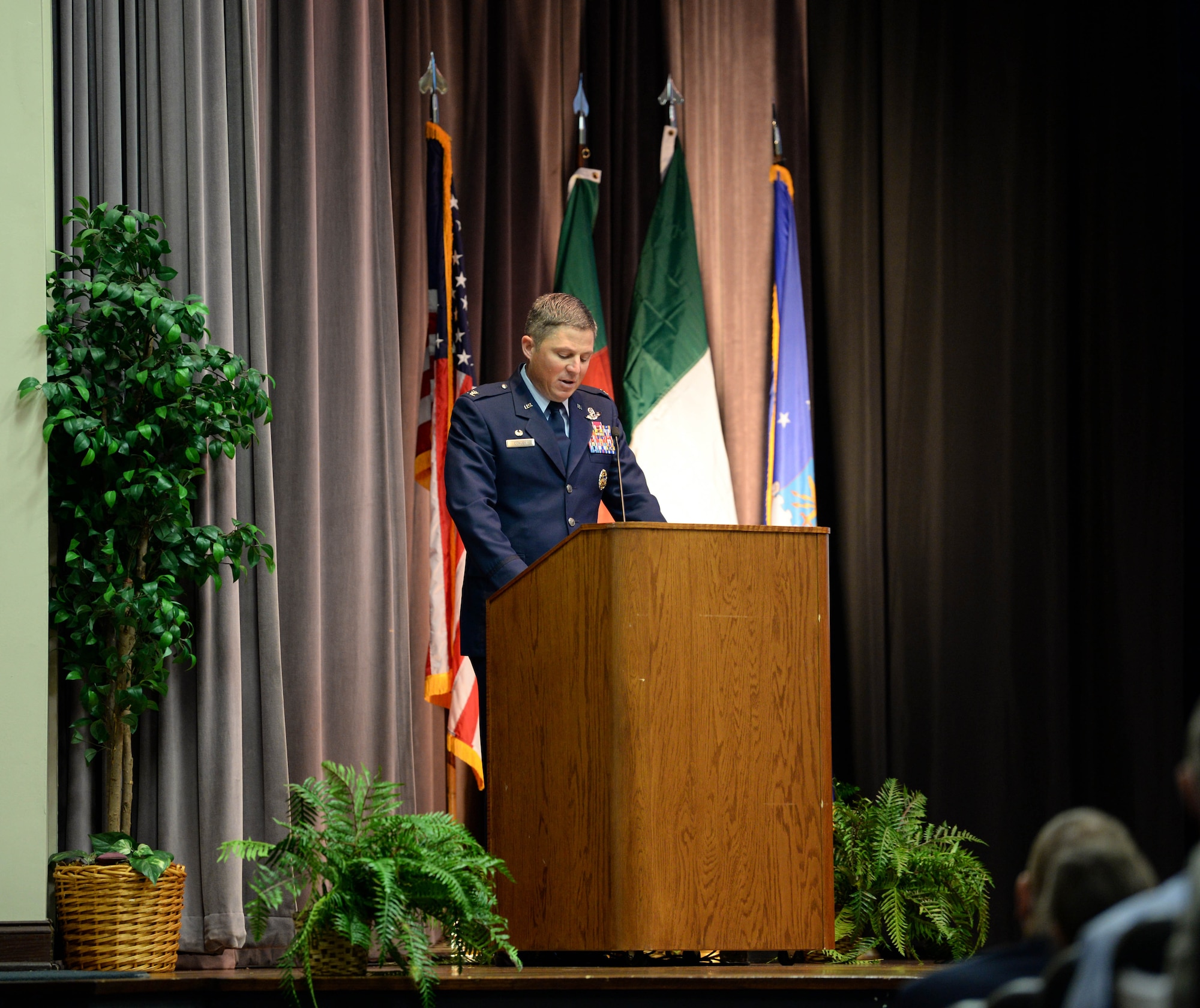Col. Michael Conley, 1st Special Operations Wing commander, gives a speech at Special Undergraduate Pilot Training Class’s 19-21/22 graduation ceremony Aug. 16, 2019, at Columbus Air Force Base, Miss. Conley is also a pilot and has 2,400 flight hours. (U.S. Air Force photo by Airman Davis Donaldson)