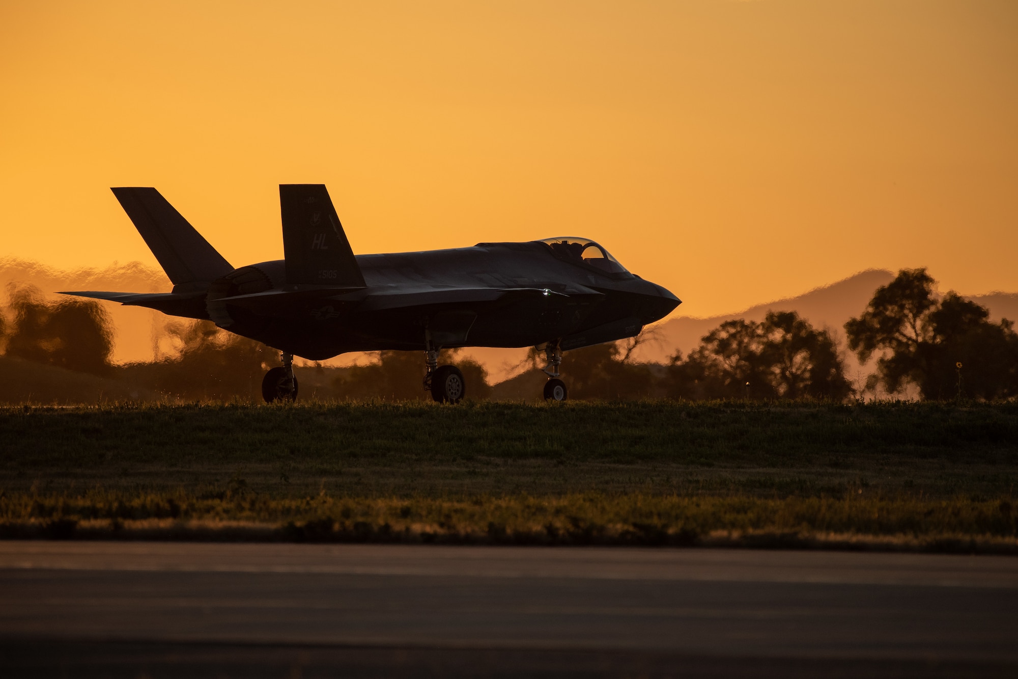 An F-35A taxis prior to take off from Hill Air Force Base, Utah, the evening of Aug. 20, 2019, as the active duty 388th and reserve 419th Fighter Wings conducted local night flying operations. The wings are required to train at night to maintain their readiness and all-weather capabilities. Increased flying also provides a valuable opportunity to evaluate aircraft maintenance resiliency and operational agility. (U.S. Air Force photo by R. Nial Bradshaw)