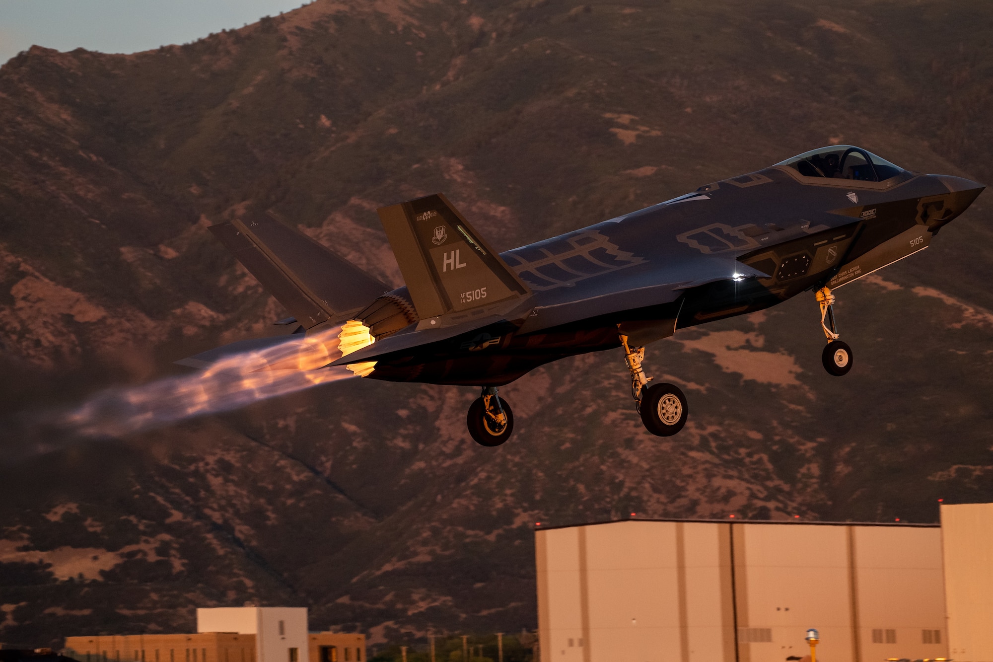 An F-35A takes off from Hill Air Force Base, Utah, the evening of Aug. 20, 2019, as the active duty 388th and reserve 419th Fighter Wings conducted local night flying operations. The wings are required to train at night to maintain their readiness and all-weather capabilities. Increased flying also provides a valuable opportunity to evaluate aircraft maintenance resiliency and operational agility. (U.S. Air Force photo by R. Nial Bradshaw)