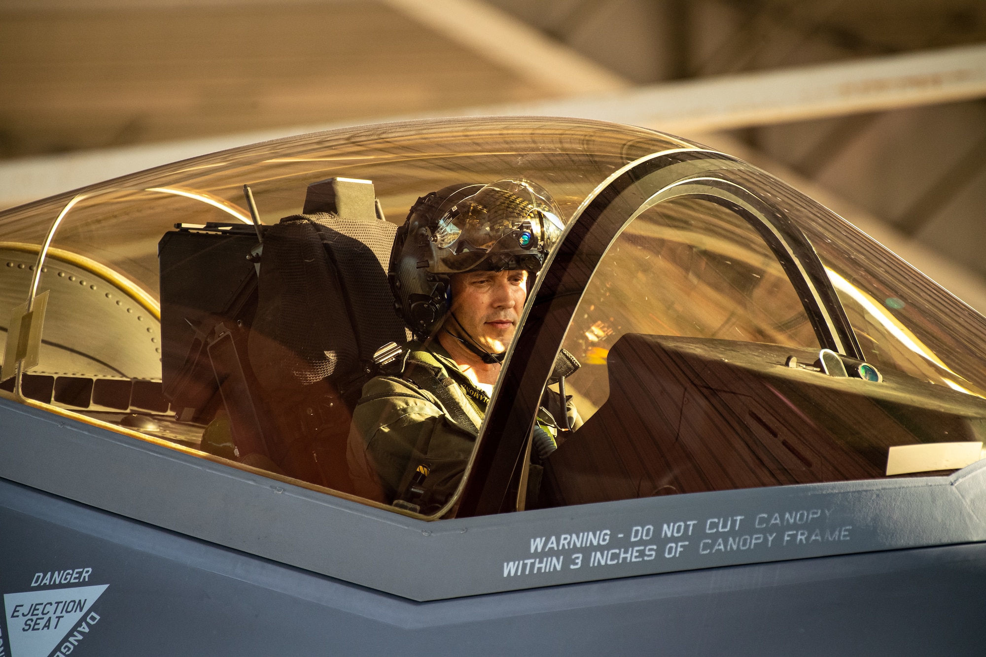 Lt. Col. Benjamin Harrison, 466th Fighter Squadron commander, performs pre-flight actions in an F-35A prior to take off from Hill Air Force Base, Utah, the evening of Aug. 20, 2019, as the active duty 388th and reserve 419th Fighter Wings conducted local night flying operations. The wings are required to train at night to maintain their readiness and all-weather capabilities. Increased flying also provides a valuable opportunity to evaluate aircraft maintenance resiliency and operational agility. (U.S. Air Force photo by R. Nial Bradshaw)