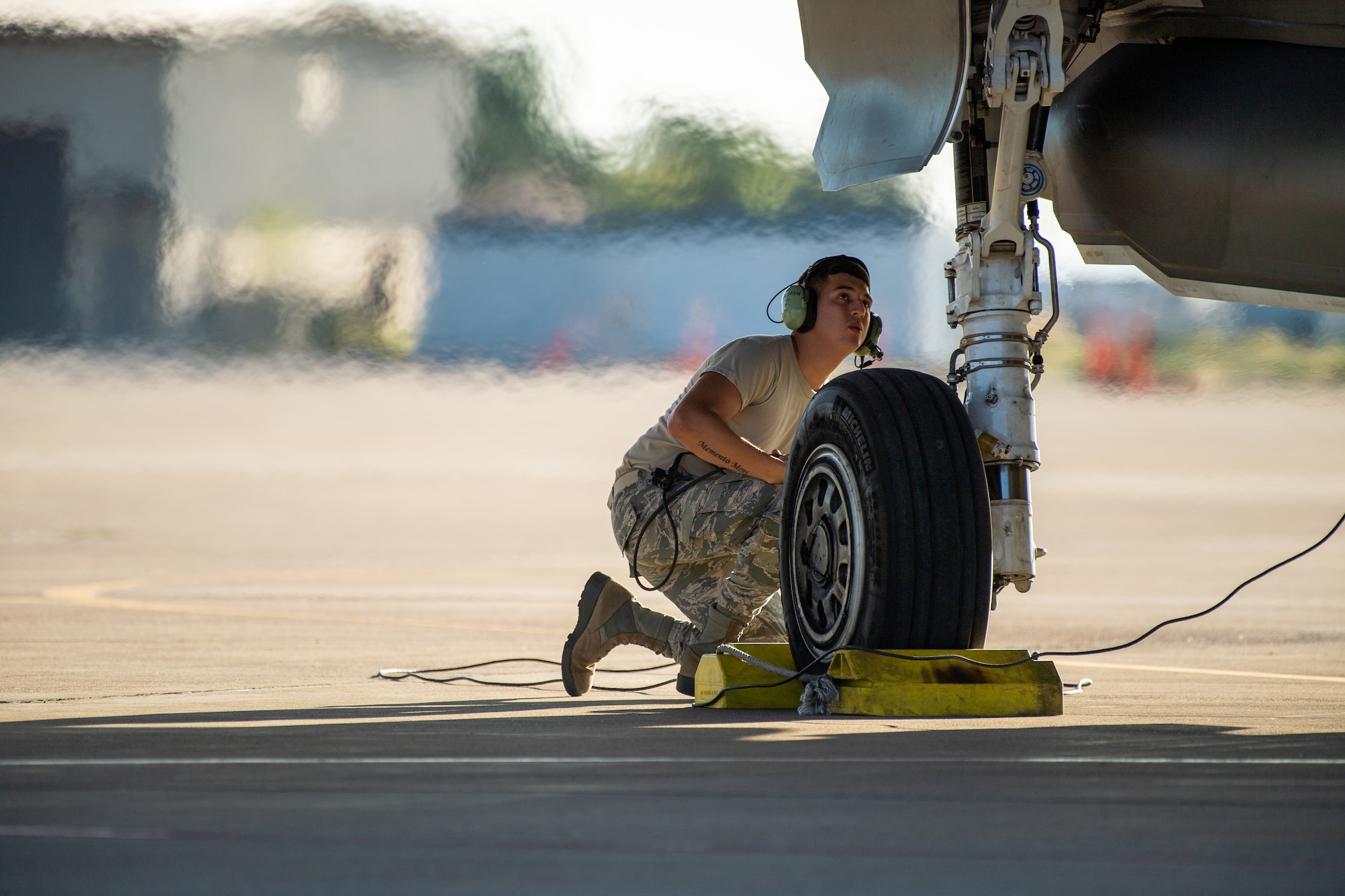 A maintainer performs pre-flight checks on an F-35A prior to take off from Hill Air Force Base, Utah, the evening of Aug. 20, 2019, as the active duty 388th and reserve 419th Fighter Wings conducted local night flying operations. The wings are required to train at night to maintain their readiness and all-weather capabilities. Increased flying also provides a valuable opportunity to evaluate aircraft maintenance resiliency and operational agility. (U.S. Air Force photo by R. Nial Bradshaw)