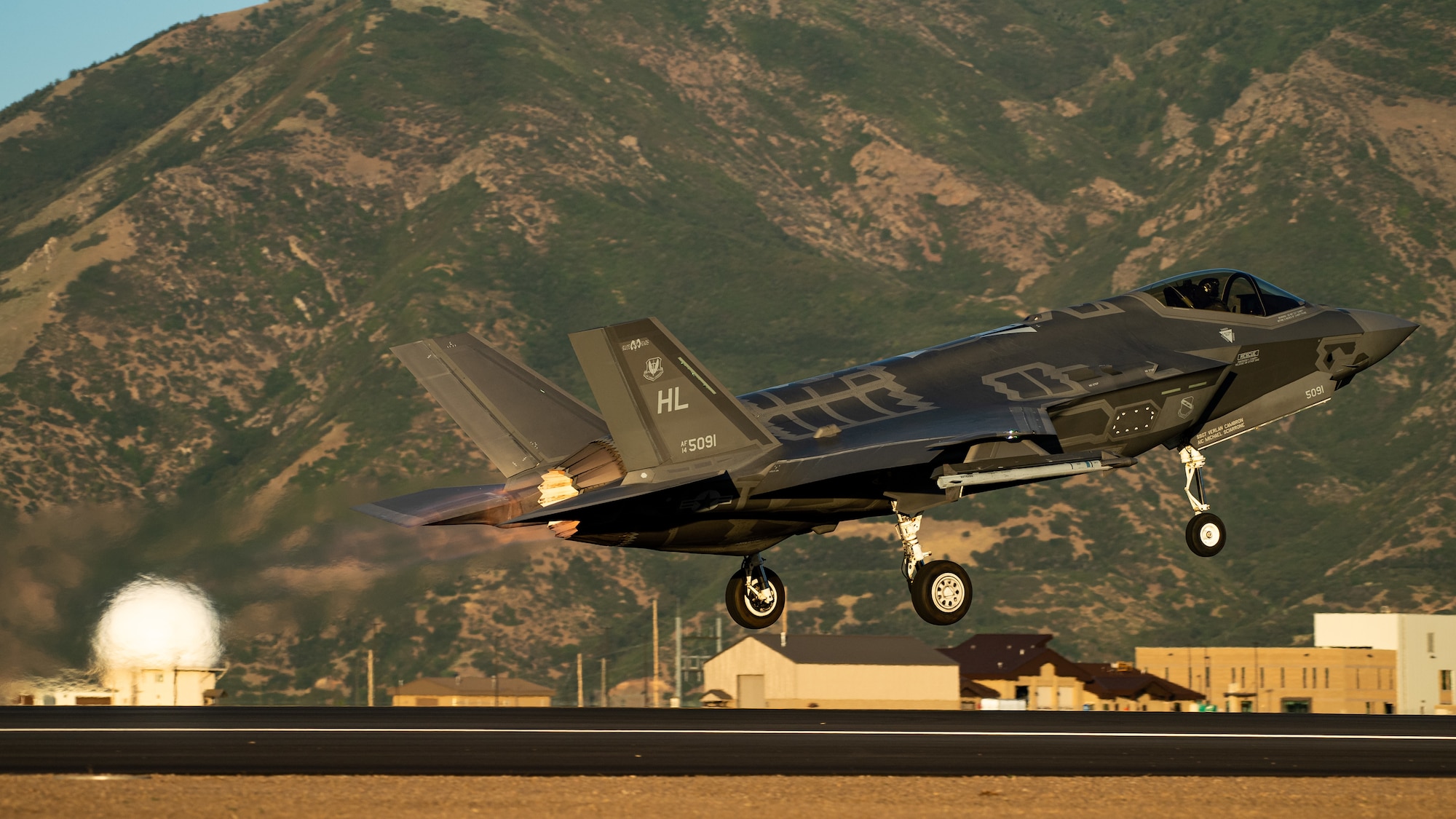 An F-35A takes off from Hill Air Force Base, Utah, the evening of Aug. 20, 2019, as the active duty 388th and reserve 419th Fighter Wings conducted local night flying operations. The wings are required to train at night to maintain their readiness and all-weather capabilities. Increased flying also provides a valuable opportunity to evaluate aircraft maintenance resiliency and operational agility. (U.S. Air Force photos by R. Nial Bradshaw)