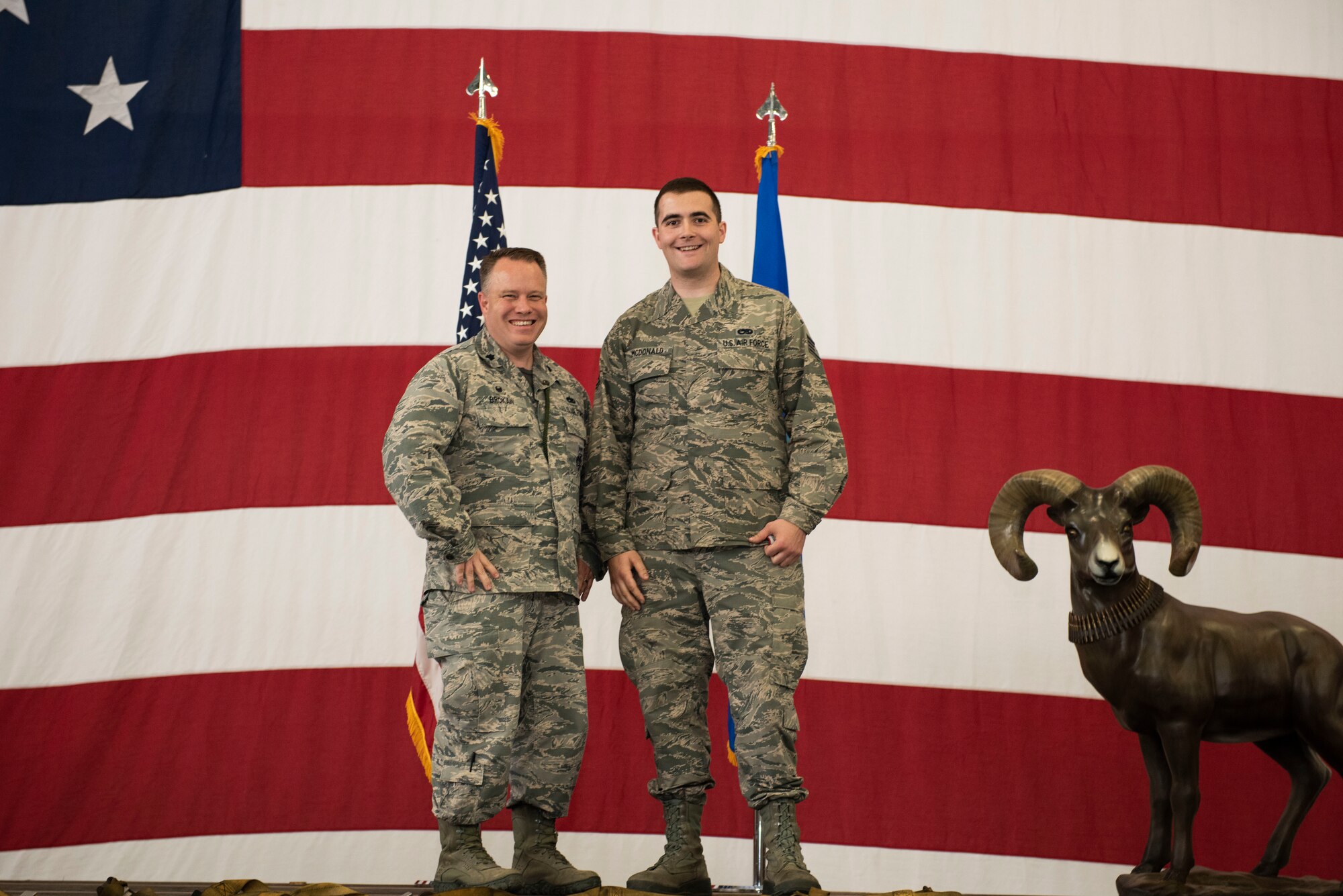 Lt. Col. Timothy Brokaw, 757th Aircraft Maintenance Squadron (AMXS) commander, and Staff Sgt. William McDonald, 757th AMXS dedicated crew chief (DCC), pose for a photo during a DCC ceremony, at Nellis Air Force Base, Nevada, Aug. 16, 2019. McDonald is one of the 34 aircraft maintainers selected for the position of DCC, who manages and supervises all maintenance performed on an assigned aircraft. (U.S. Air Force photo by Senior Airman Miranda A. Loera)