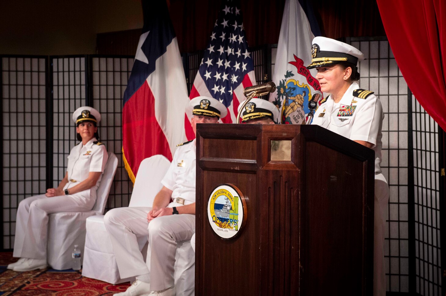 Cmdr. Dawn Allen, oncoming commanding officer of the guided missile destroyer USS William P. Lawrence (DDG 110), speaks during a change of command ceremony held on U.S. Fleet Activities Yokosuka. William P. Lawrence is deployed to the U.S 7th Fleet area of operations in support of security and stability in the Indo-Pacific region.