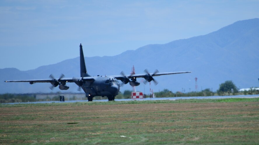 An AC-130U “Spooky” Gunship lands on the flight line at Davis-Monthan Air Force Base, Arizona, Aug. 19, 2019. The primary function of this gunship was close air support, air interdiction and armed reconnaissance. (U.S. Air Force photo by Airman 1st Class Jacob T. Stephens)