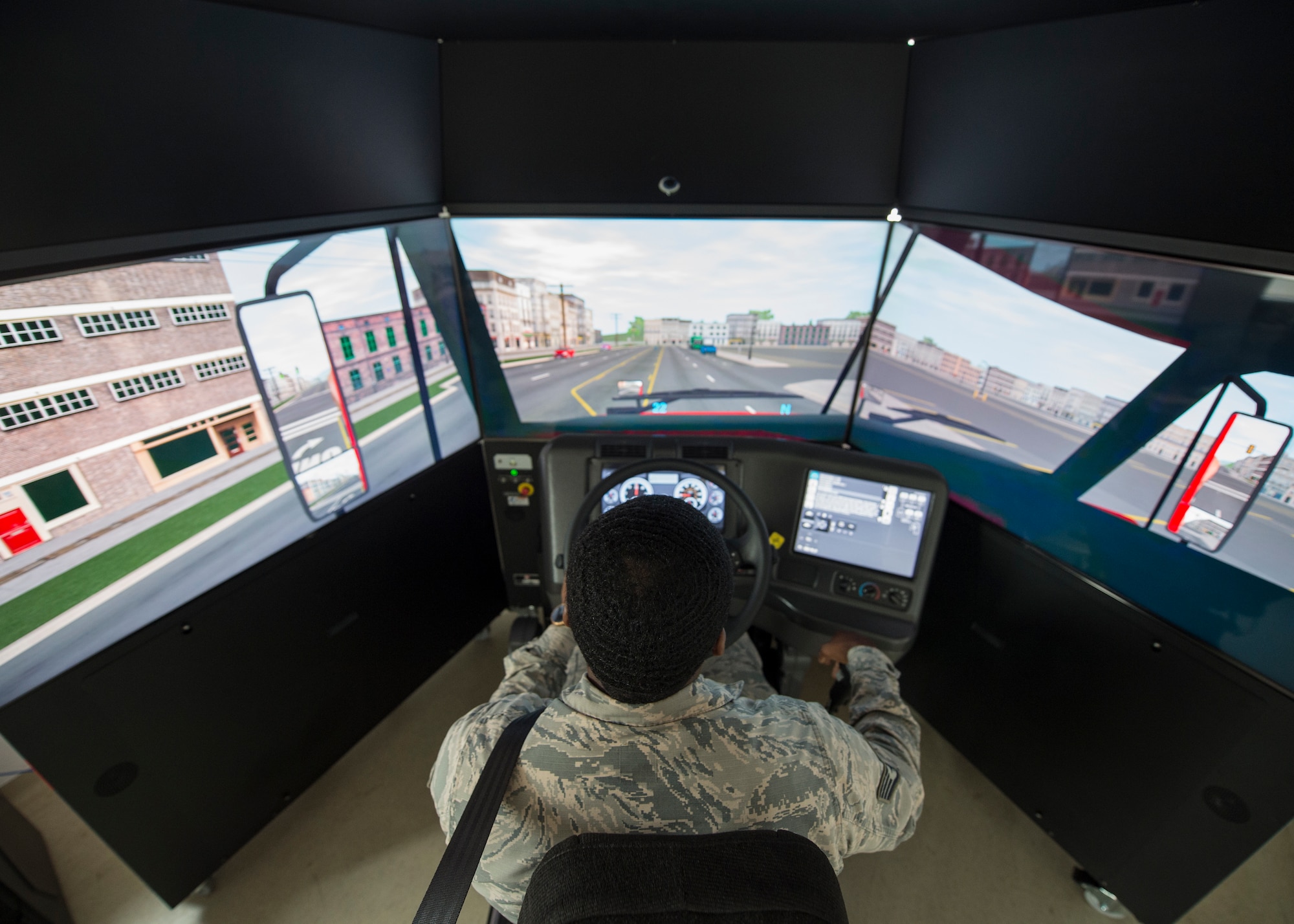 U.S. Air Force Staff Sgt. John Williams, 86th Vehicle Readiness Squadron assistant noncommissioned officer in charge of equipment support, operates the 86th VRS’s new vehicle simulator at Ramstein Air Base, Germany, Aug 7, 2019.