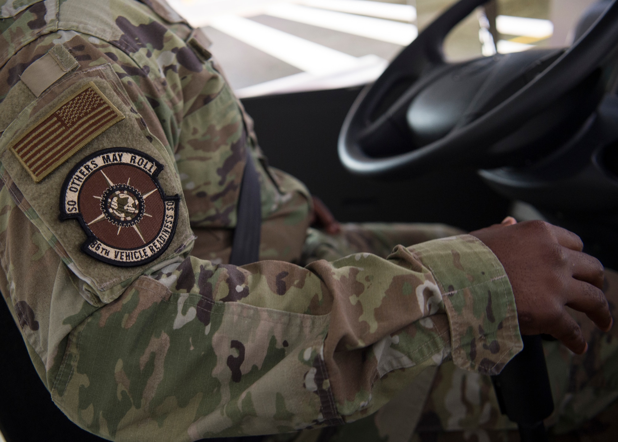 U.S. Air Force Master Sgt. Daniel Moffett, 86th Vehicle Readiness Squadron noncommissioned officer in charge of training validation and operations, tries out the 86th VRS’s new vehicle simulator at Ramstein Air Base, Germany, Aug. 7, 2019.