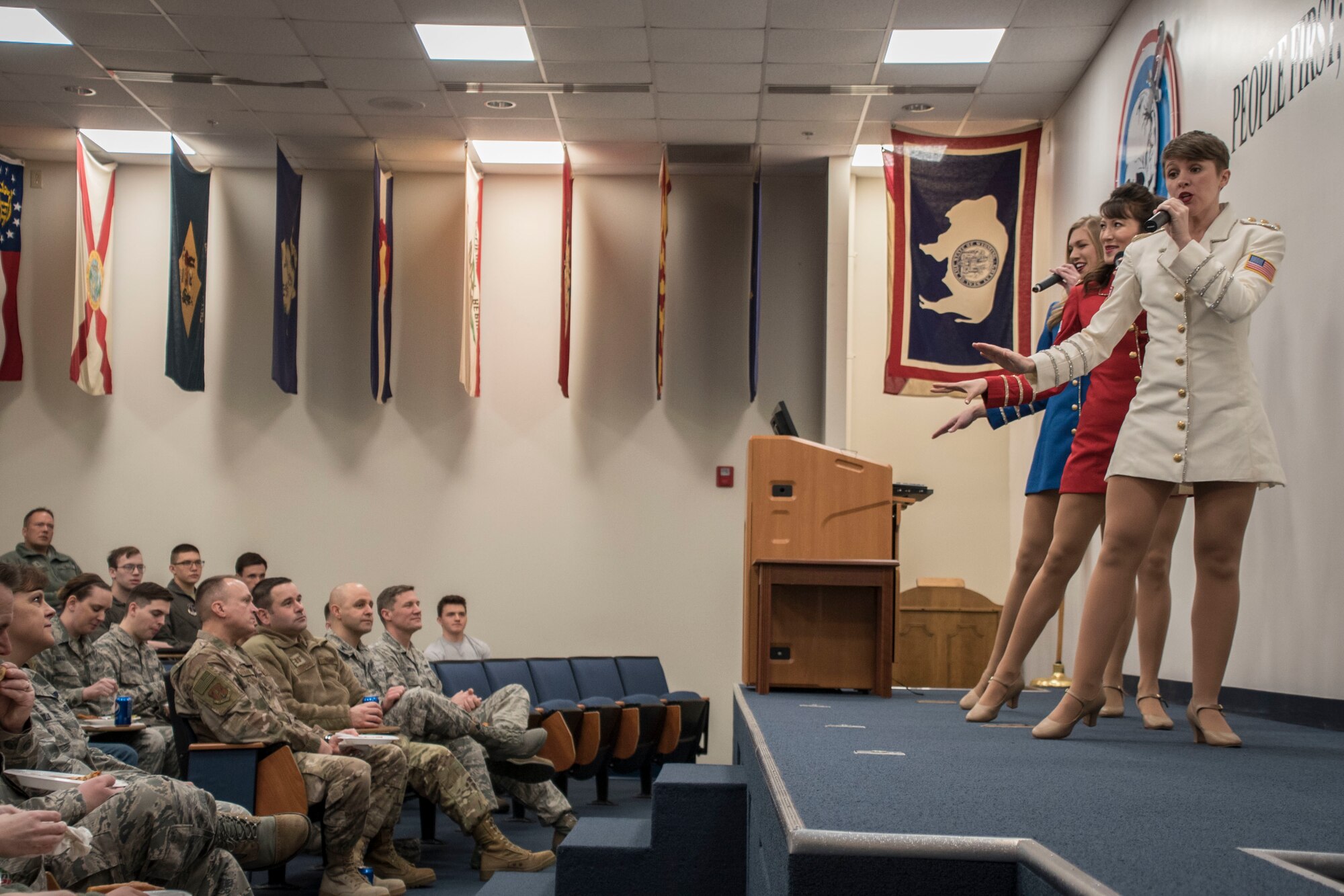 The USO Show Troupe, based out of New York City, performs for members of the 179th Airlift Wing March 10, 2019 at the 179th Airlift Wing, Mansfield, Ohio. The Troupe travels throughout the world, performing for troops, veterans and civilians to provide entertainment and raise awareness of the USO to better serve the troupes. (U.S. Air National Guard photo by Airman 1st Class Alexis Wade)