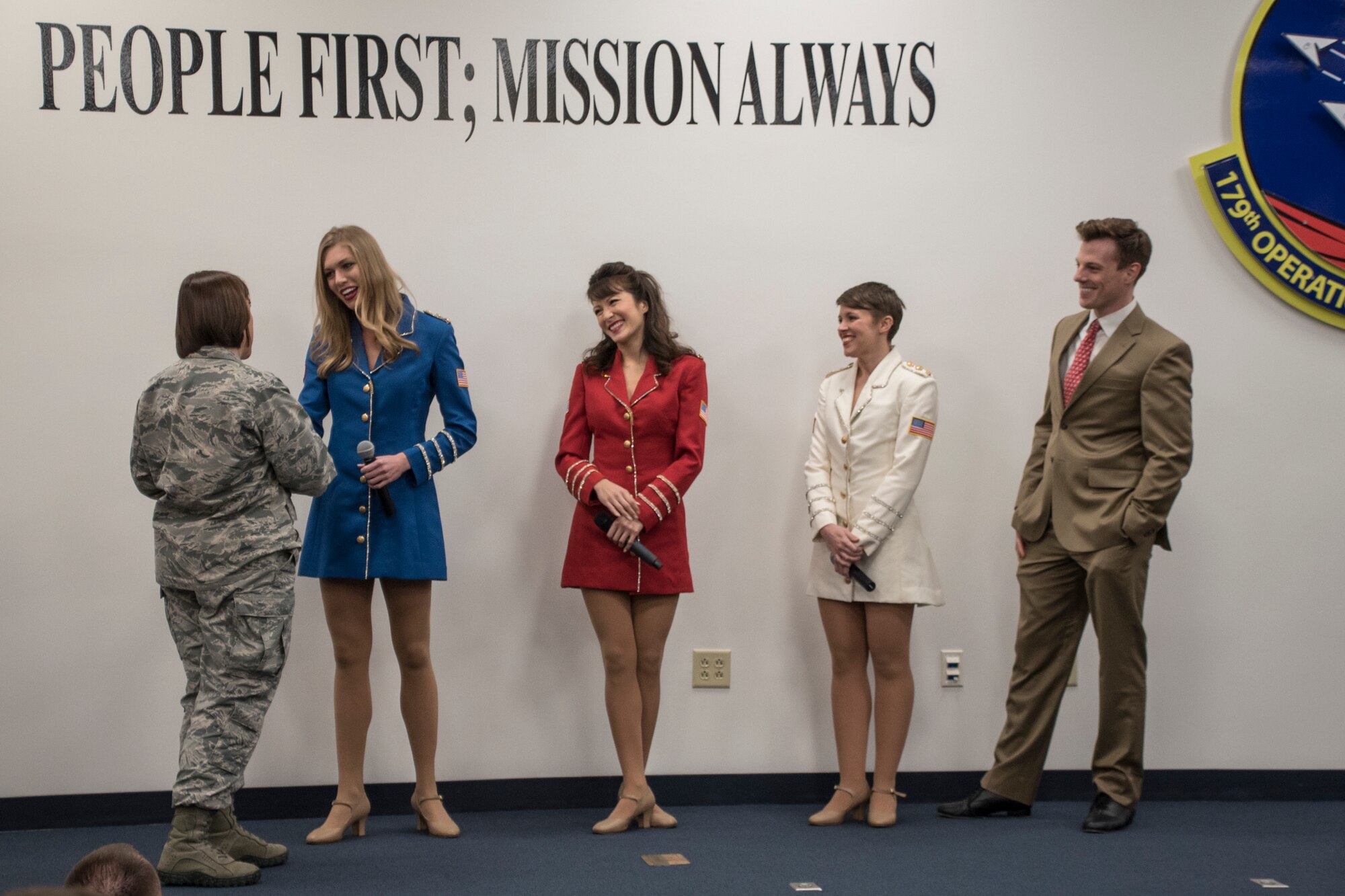 The USO Show Troupe, based out of New York City, performs for members of the 179th Airlift Wing March 10, 2019 at the 179th Airlift Wing, Mansfield, Ohio. The Troupe travels throughout the world, performing for troops, veterans and civilians to provide entertainment and raise awareness of the USO to better serve the troupes. (U.S. Air National Guard photo by Airman 1st Class Alexis Wade)