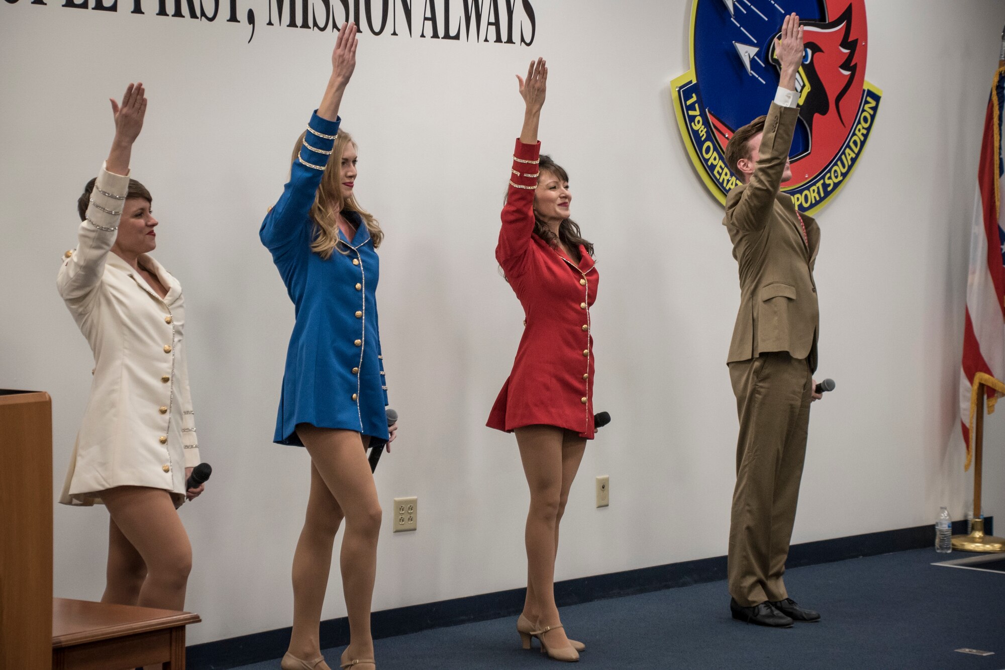 The USO Show Troupe, based out of New York City, performs for members of the 179th Airlift Wing March 10, 2019 at the 179th Airlift Wing, Mansfield, Ohio. The Troupe travels throughout the world, performing for troops, veterans and civilians to provide entertainment and raise awareness of the USO to better serve the troupes. (U.S. Air National Guard photo by Airman 1st Class Alexis Wade)